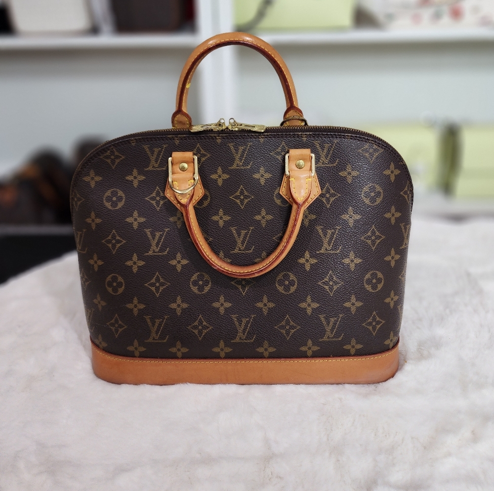 Louis Vuitton Brown Monogram Alma Satchel with Tan Leather Trim